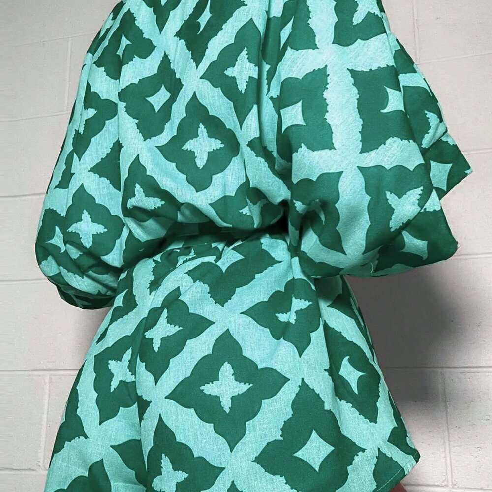 Green Casual Women's Holiday All-Over Print Loose Front-Button Jumpsuit - Picture 2 of 4